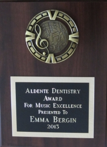 2013 Aldente Dentistry Award for Music Excellence plaque